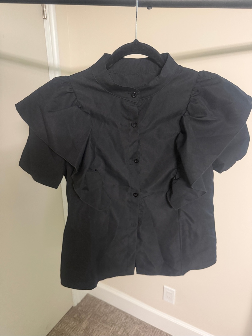 Black Ruffle-Sleeve Button Front Blouse
